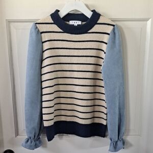 THML Mixed Media Striped Stretch Suede Puff Sleeve Chic Knit Stylish Sweater